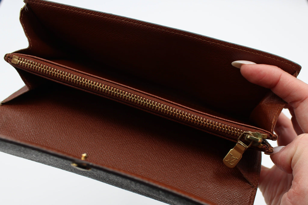 Louis Vuitton Monogram Sarah Long Wallet Brown Coated Canvas Gold Hardware
