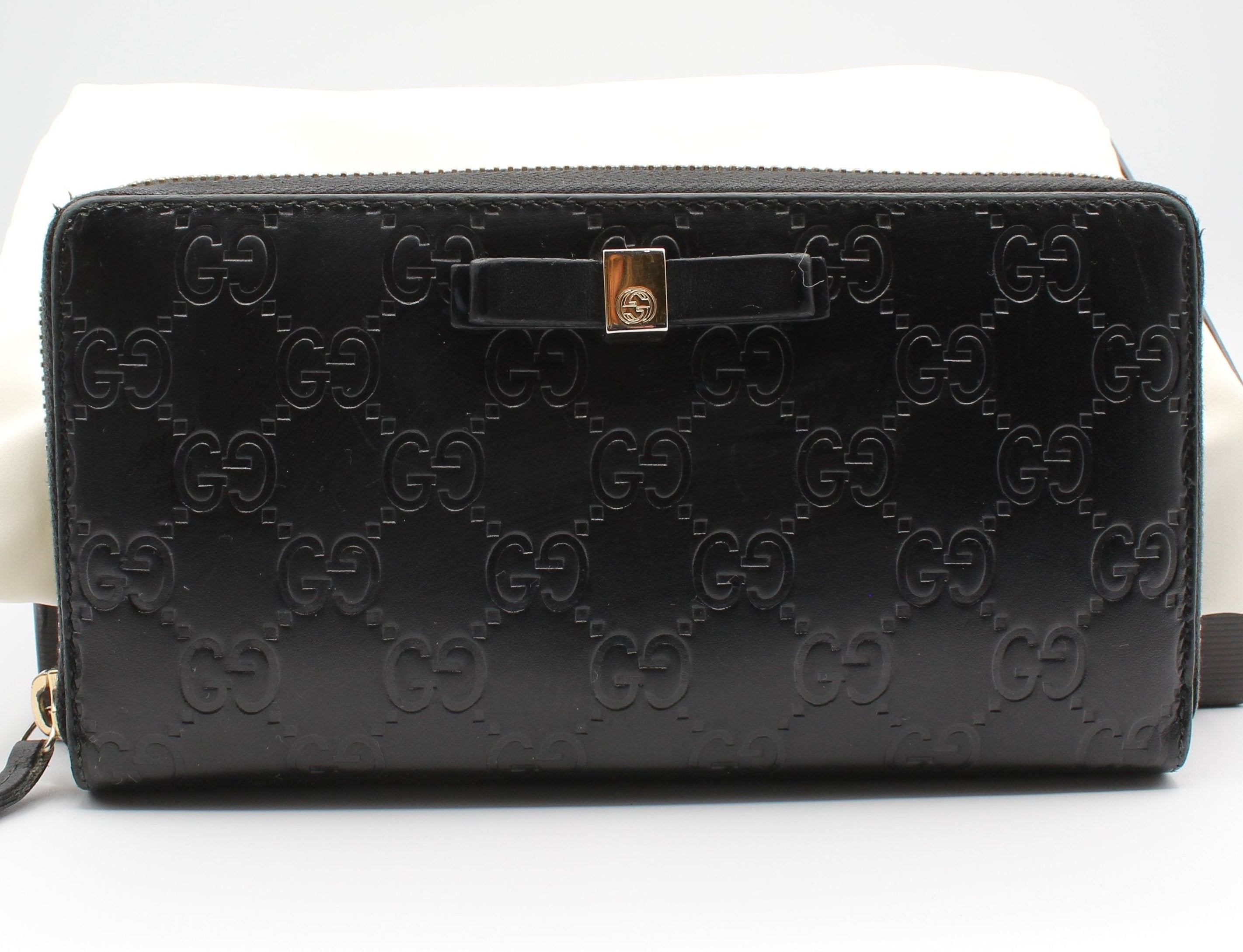 Gucci Guccissima Bow Zip-Around Continental Wallet — Black w/ Box