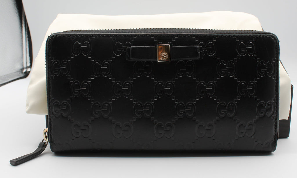 Gucci Guccissima Bow Zip-Around Continental Wallet — Black w/ Box