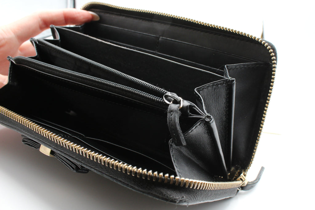 Gucci Guccissima Bow Zip-Around Continental Wallet — Black w/ Box