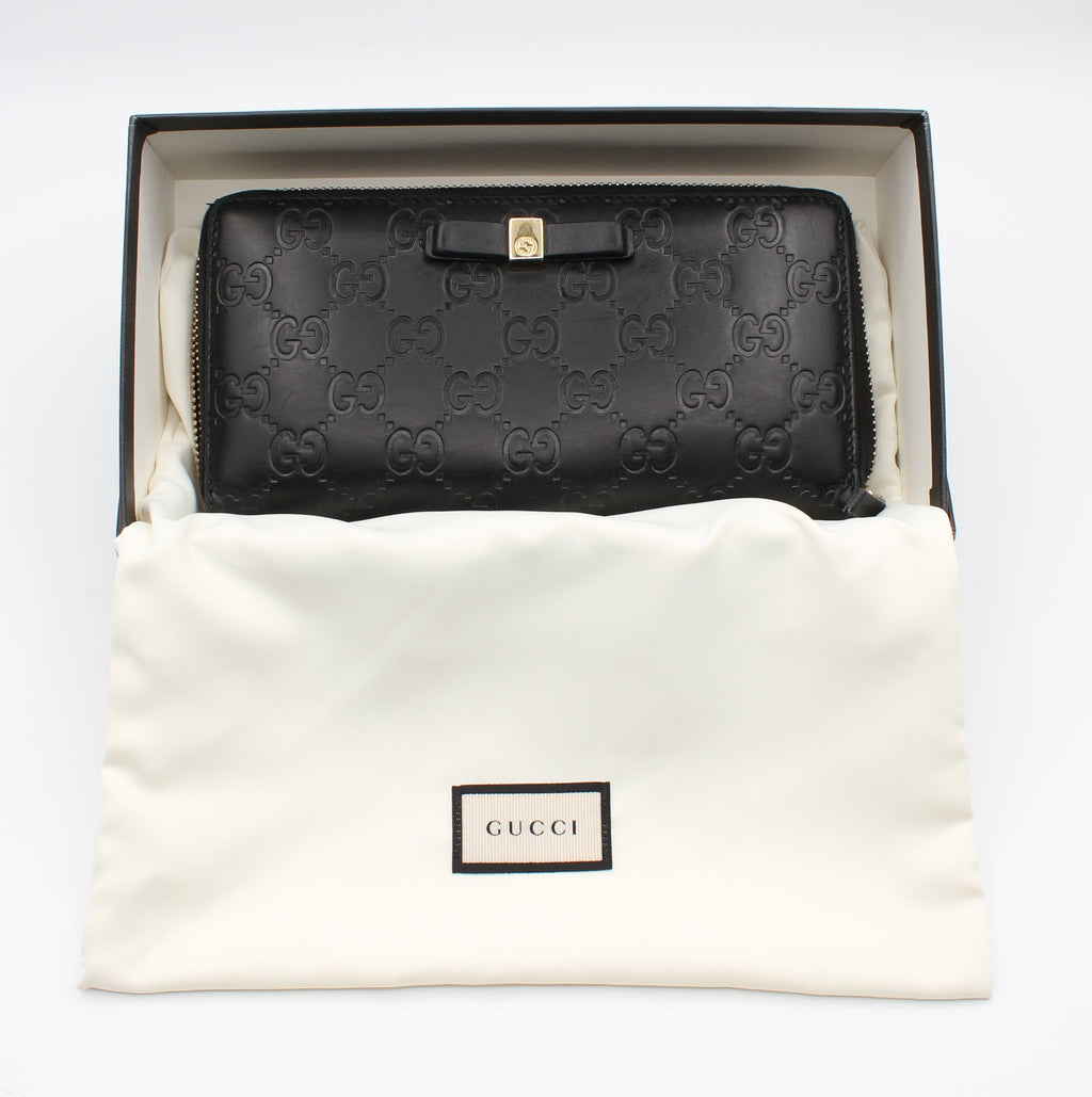 Gucci Guccissima Bow Zip-Around Continental Wallet — Black w/ Box