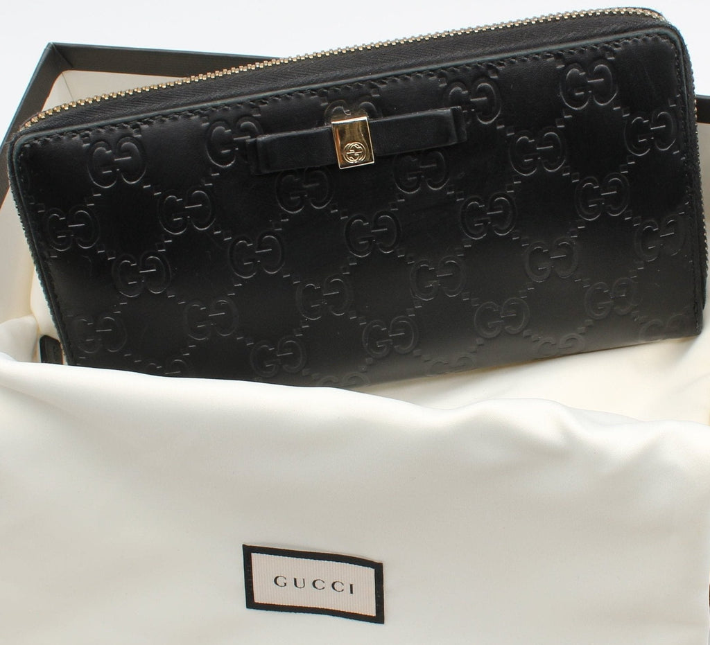 Gucci Guccissima Bow Zip-Around Continental Wallet — Black w/ Box