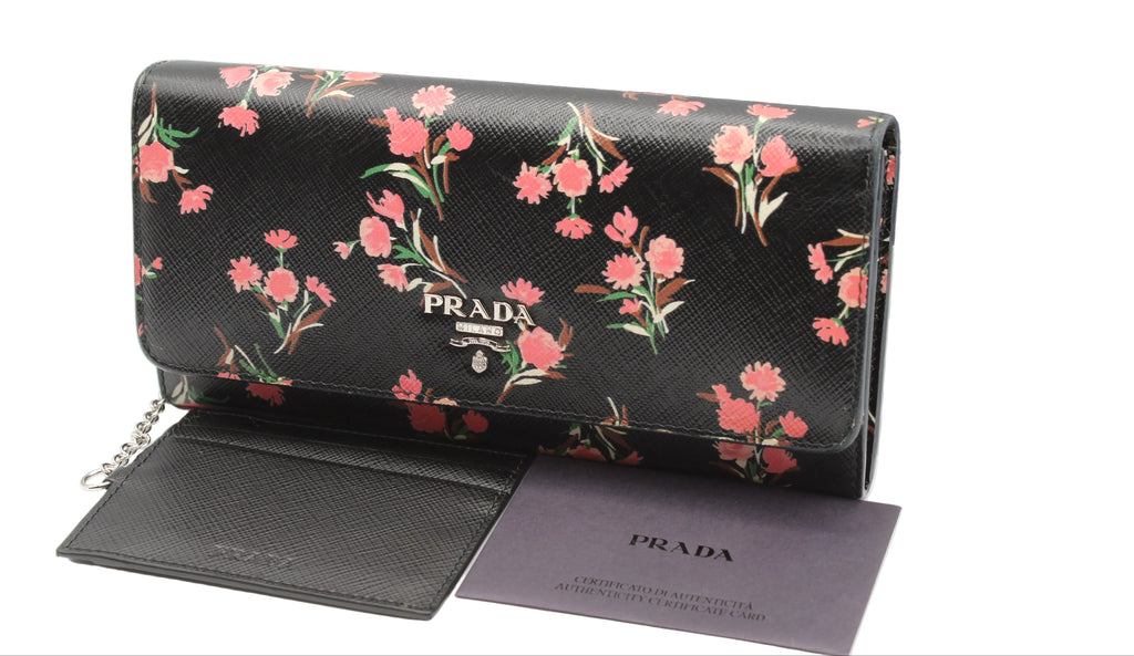 Prada Saffiano Floral Continental Wallet — Black/Pink Carnation Print