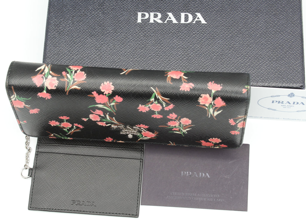 Prada Saffiano Floral Continental Wallet — Black/Pink Carnation Print