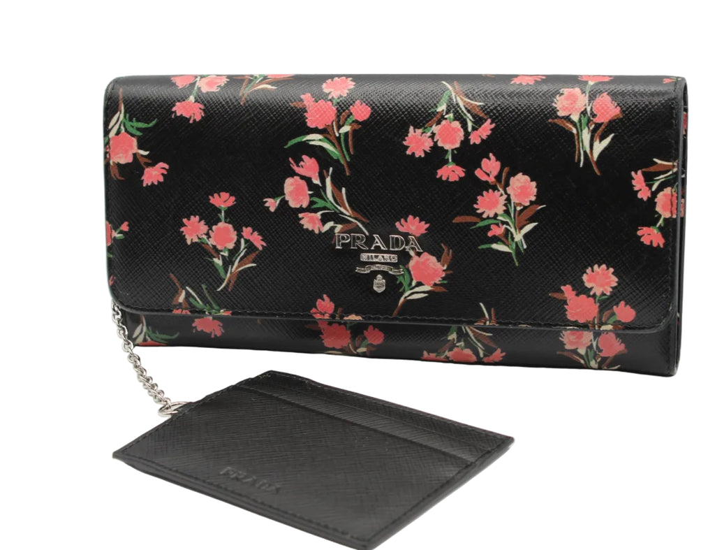 Prada Saffiano Floral Continental Wallet — Black/Pink Carnation Print