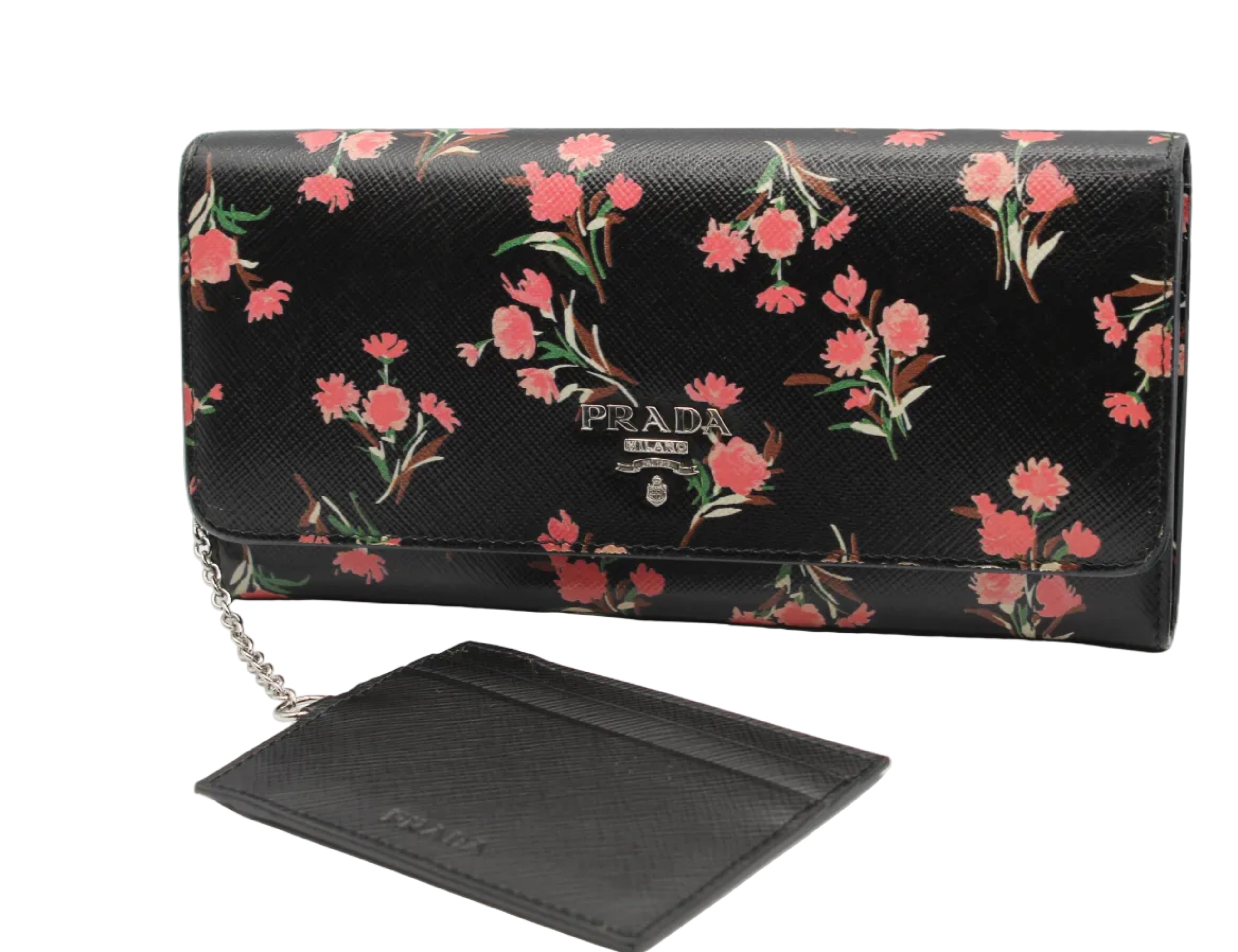 Prada Saffiano Floral Continental Wallet — Black/Pink Carnation Print