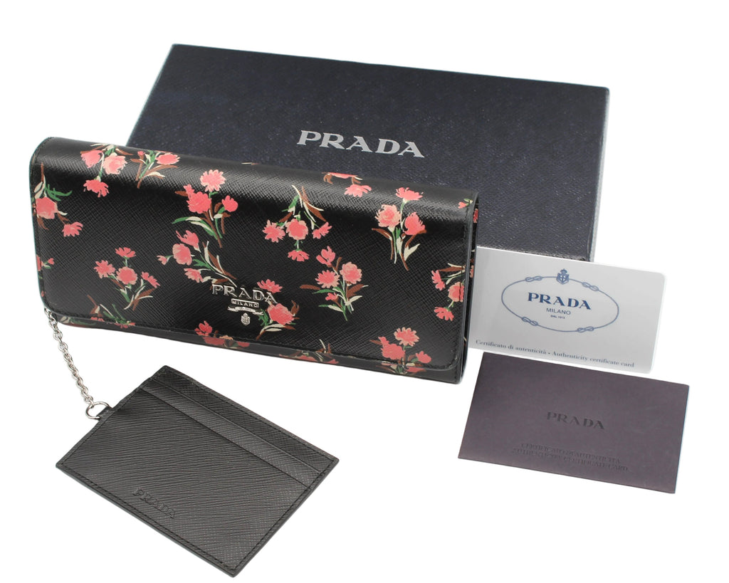 Prada Saffiano Floral Continental Wallet — Black/Pink Carnation Print