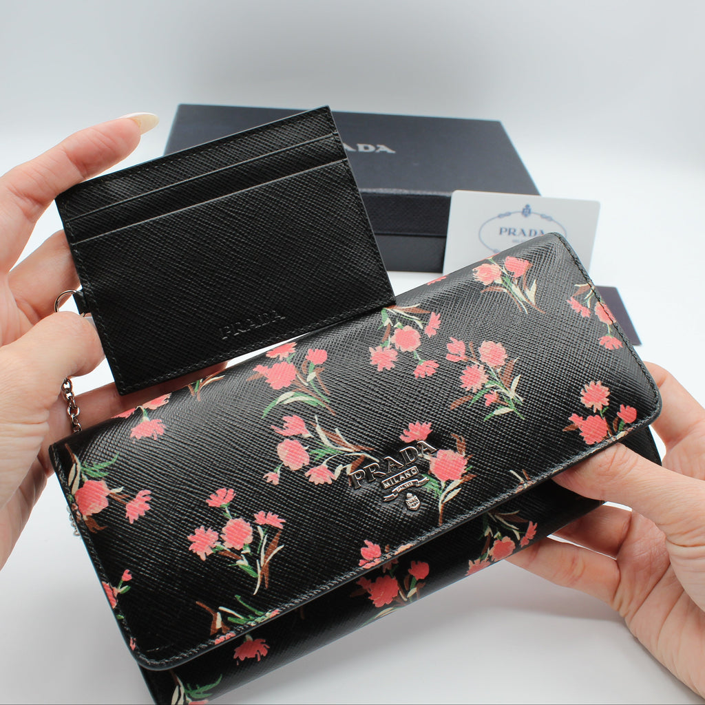 Prada Saffiano Floral Continental Wallet — Black/Pink Carnation Print