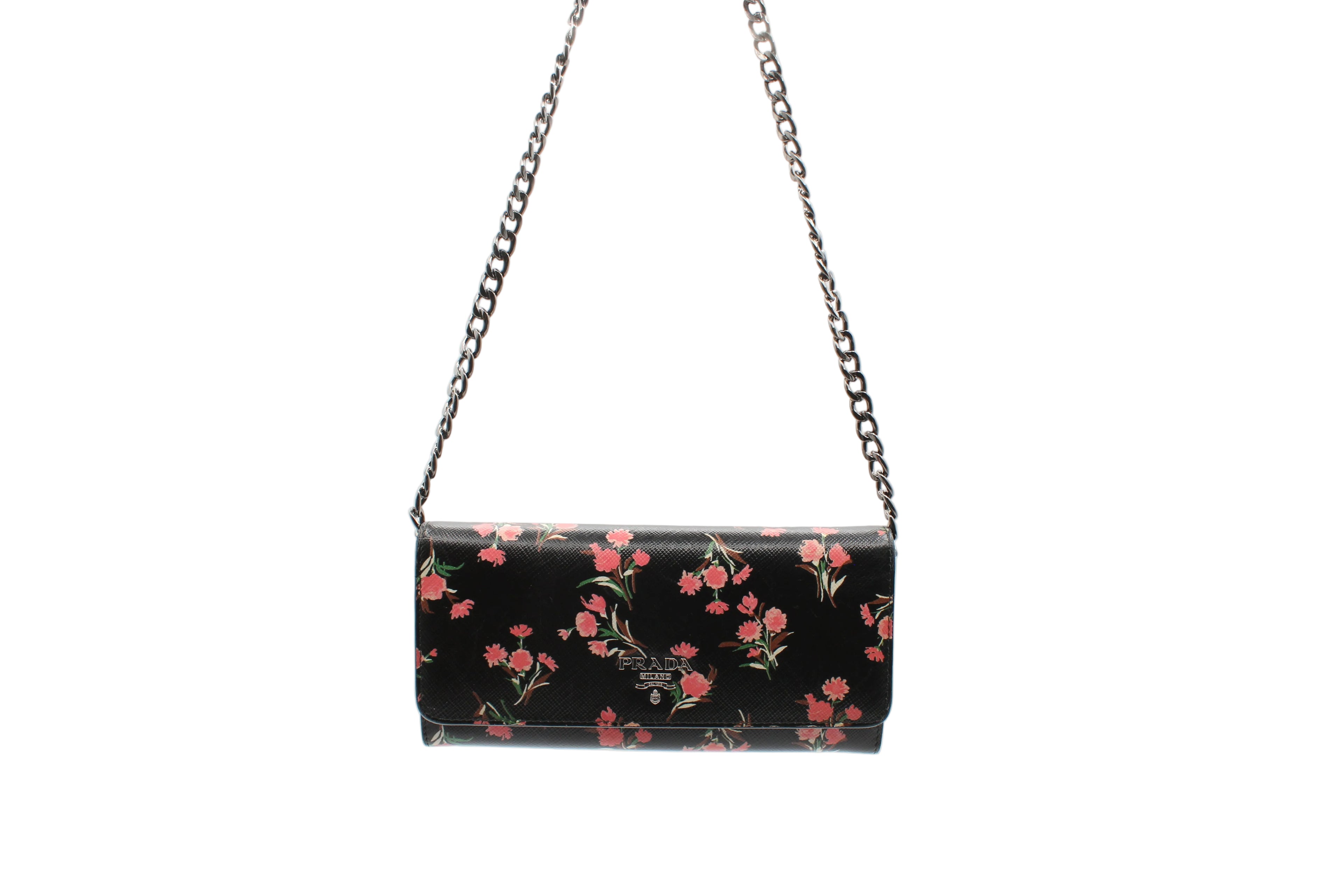 Prada Saffiano Floral Continental Wallet — Black/Pink Carnation Print