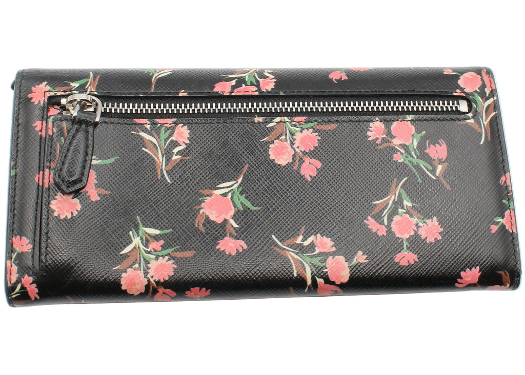 Prada Saffiano Floral Continental Wallet — Black/Pink Carnation Print