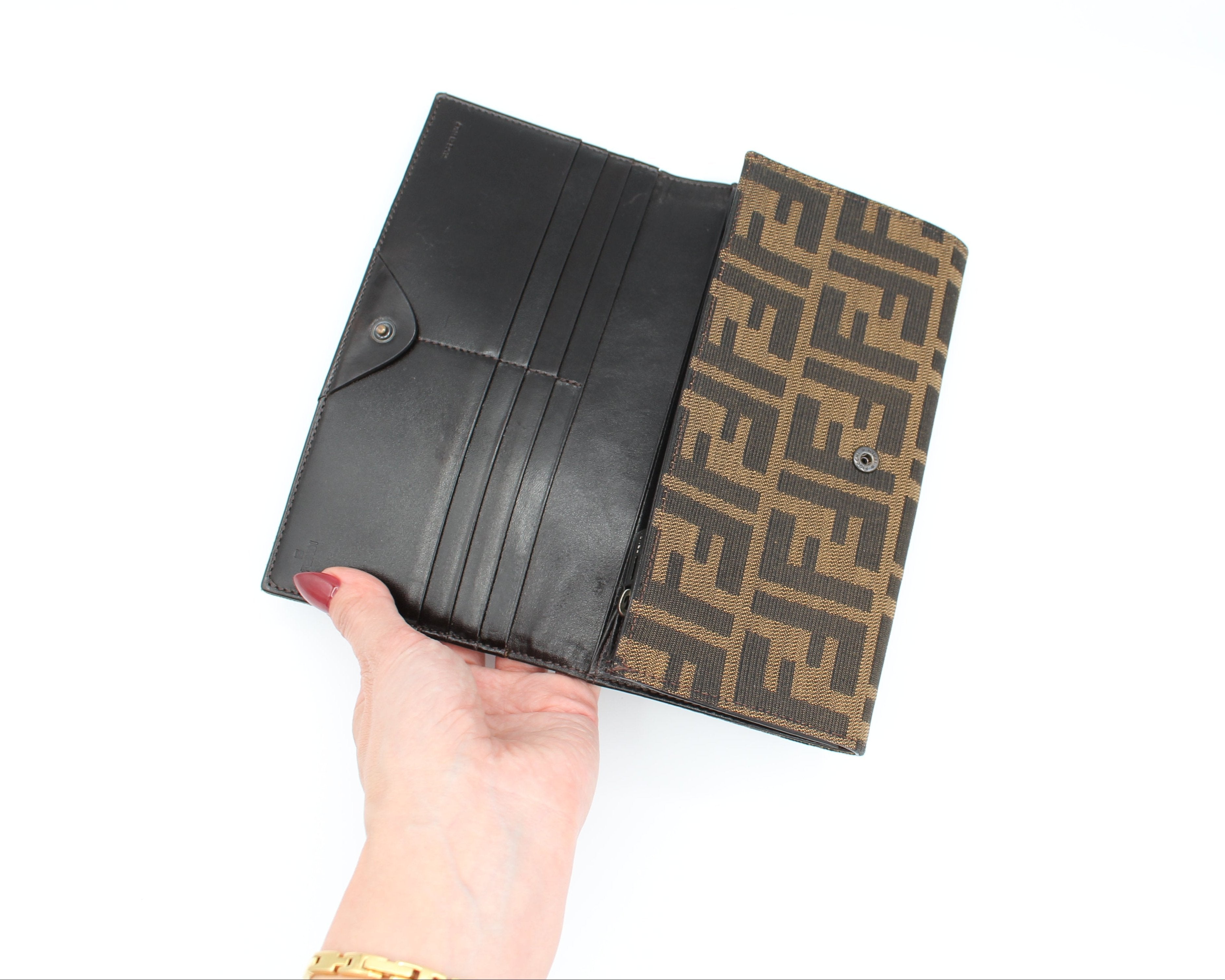Fendi Zucca FF Monogram Continental Long Wallet Tobacco Brown