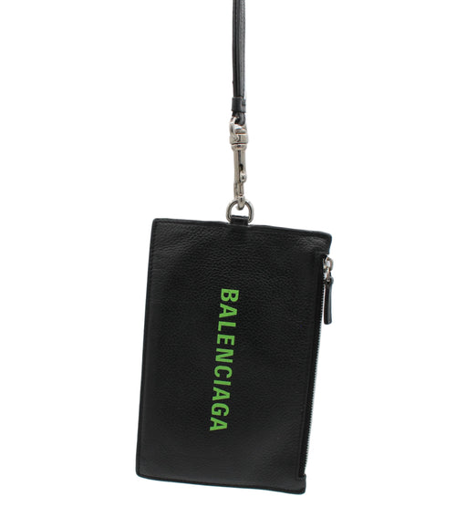 Balenciaga Cash Leather Passport Card Holder Lanyard Black Green Logo