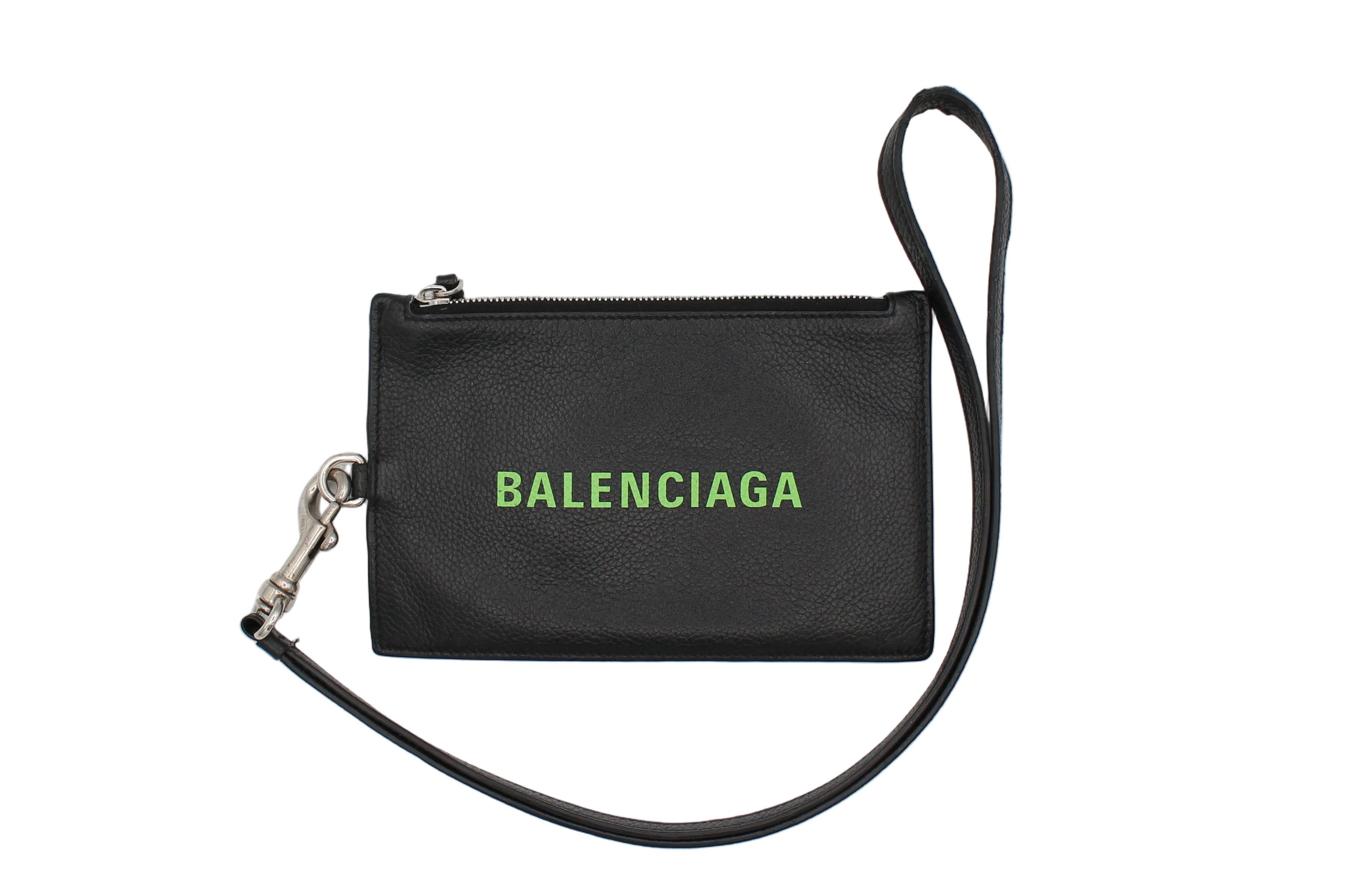 Balenciaga Cash Leather Passport Card Holder Lanyard Black Green Logo
