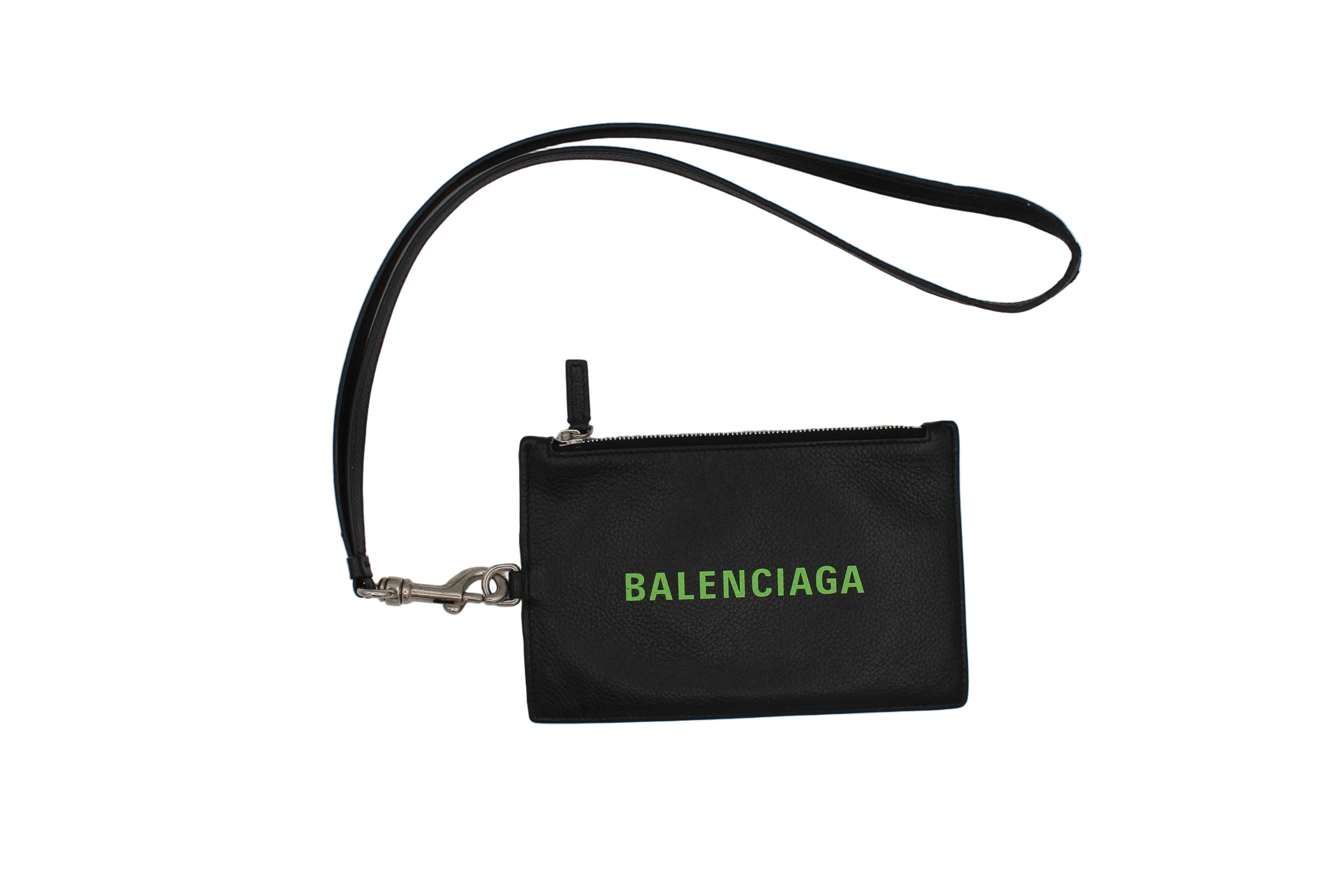 Balenciaga Cash Leather Passport Card Holder Lanyard Black Green Logo