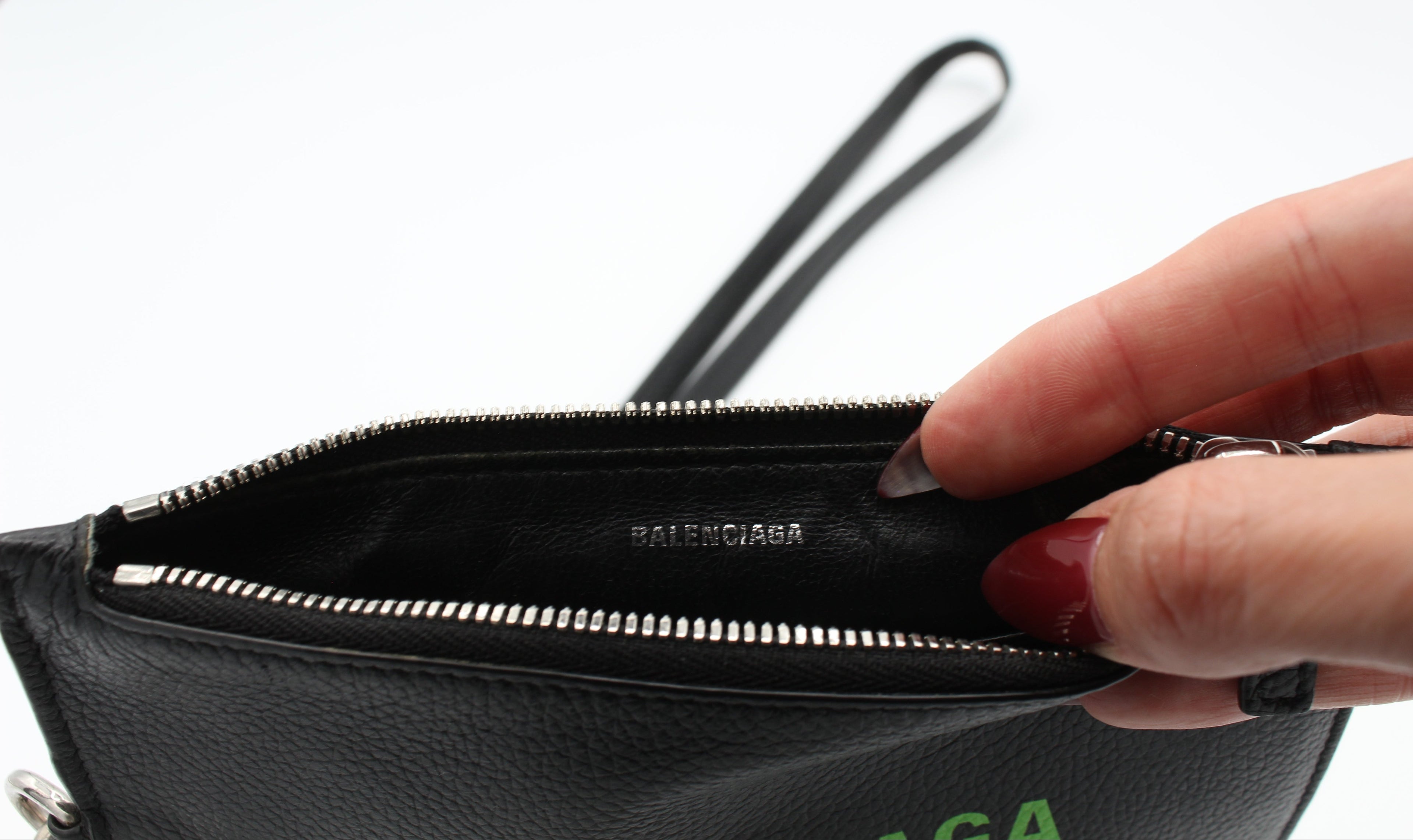 Balenciaga Cash Leather Passport Card Holder Lanyard Black Green Logo