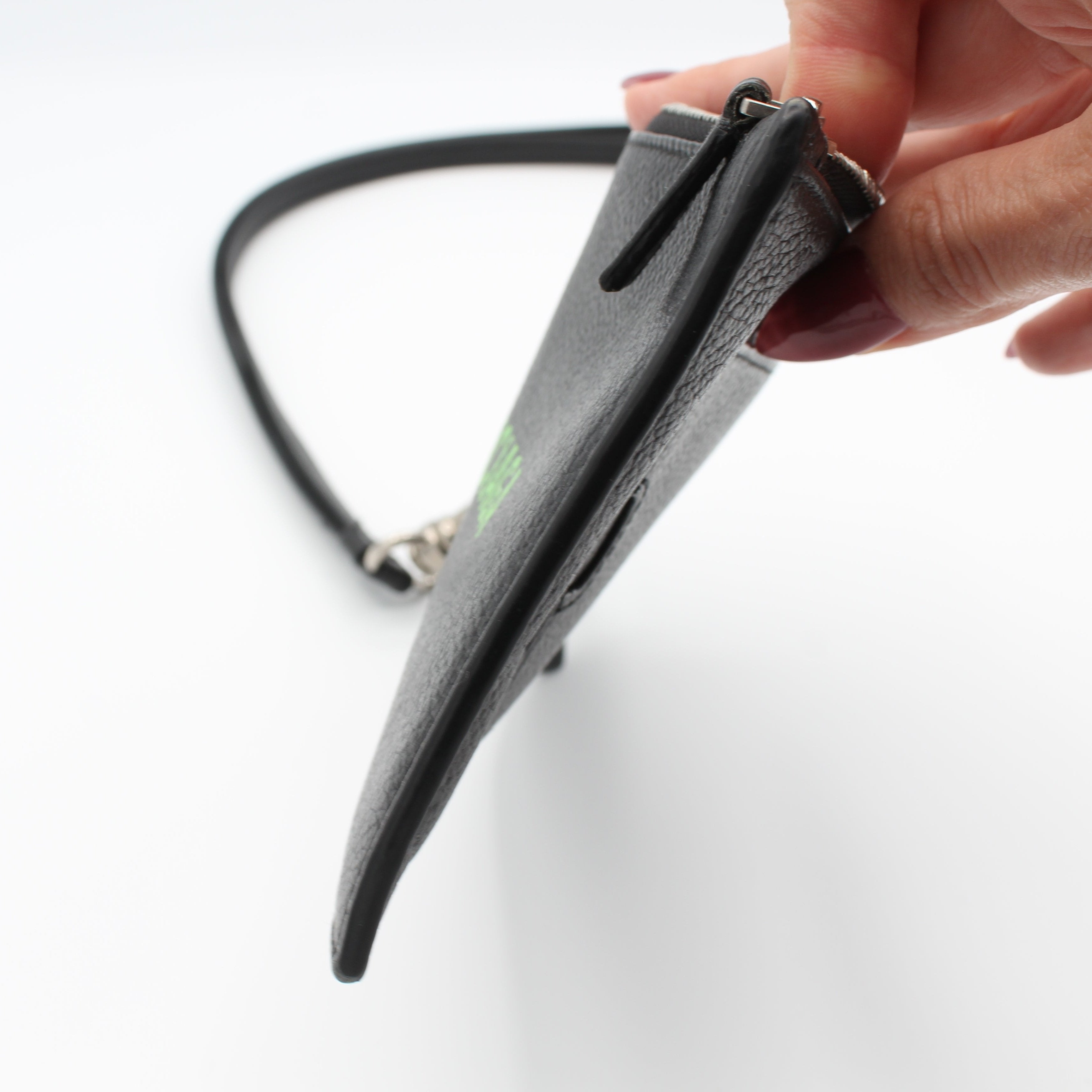 Balenciaga Cash Leather Passport Card Holder Lanyard Black Green Logo