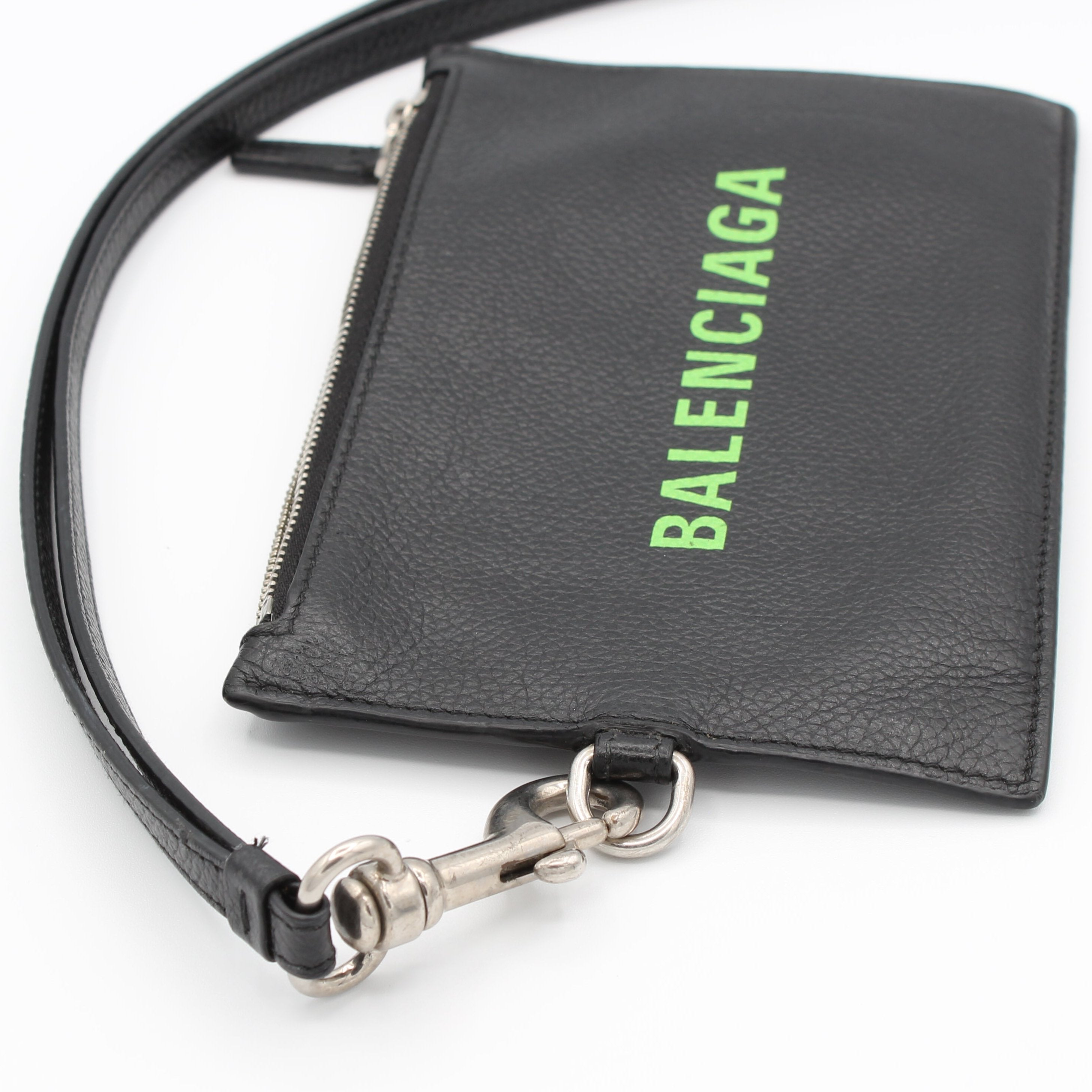 Balenciaga Cash Leather Passport Card Holder Lanyard Black Green Logo