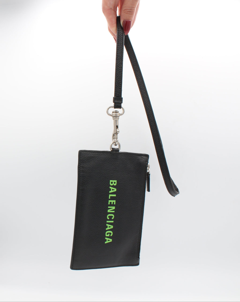 Balenciaga Cash Leather Passport Card Holder Lanyard Black Green Logo