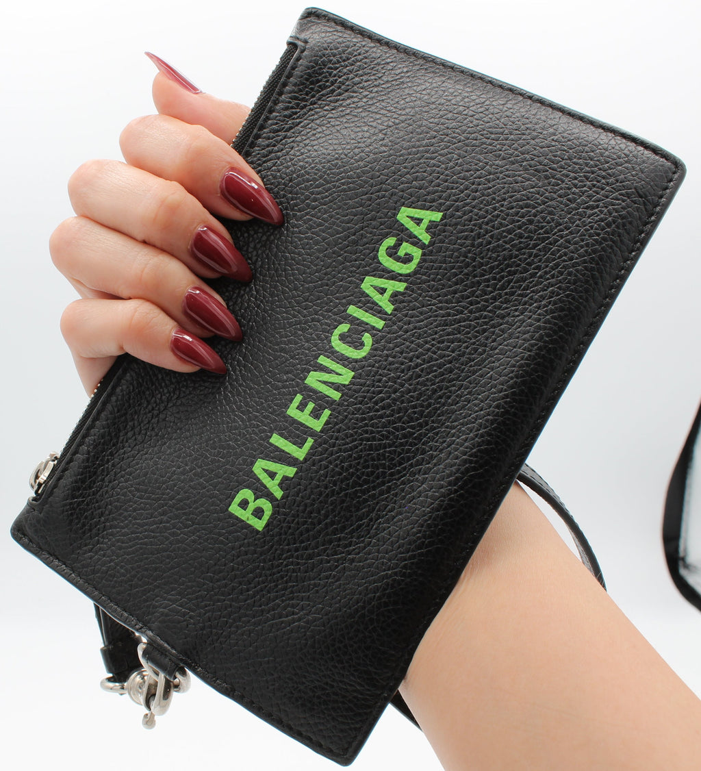 Balenciaga Cash Leather Passport Card Holder Lanyard Black Green Logo