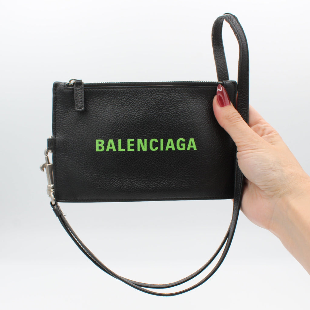 Balenciaga Cash Leather Passport Card Holder Lanyard Black Green Logo
