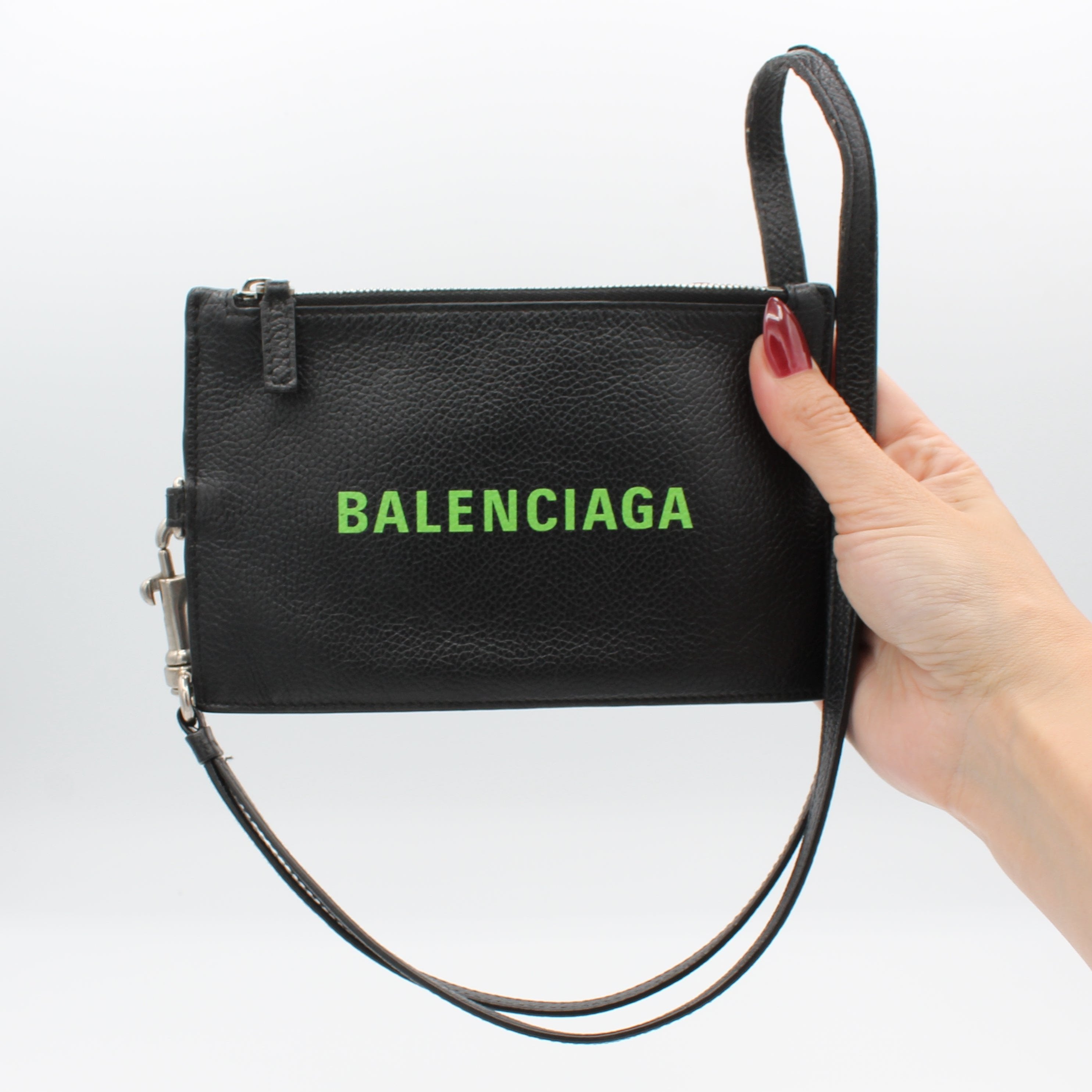 Balenciaga Cash Leather Passport Card Holder Lanyard Black Green Logo