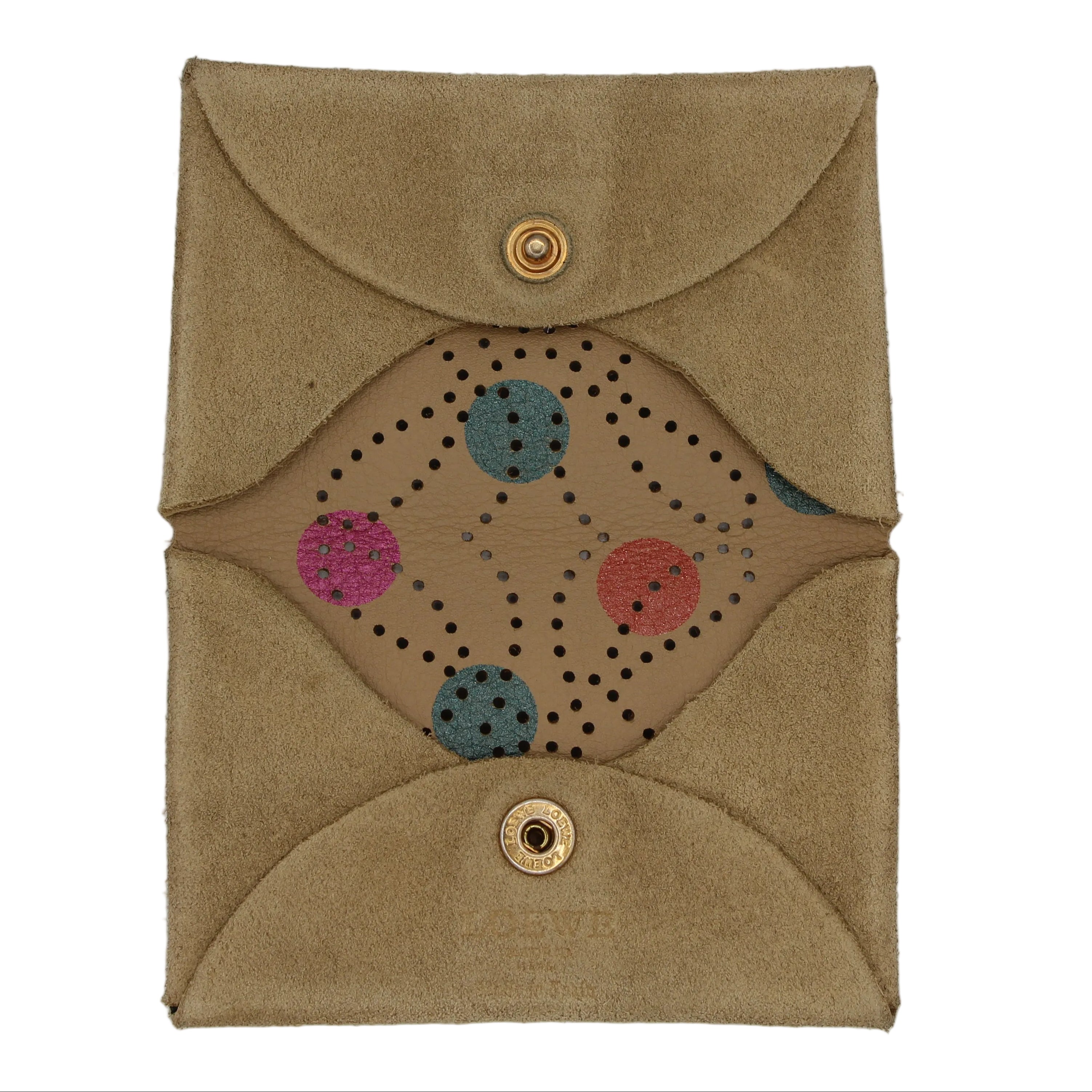 Loewe Anagram Perforated Suede Card Case — Sand/Polka Dot Interior